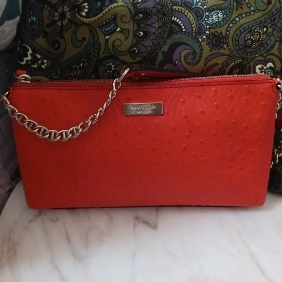 NWOT Kate Spade Red Ostrich Embossed Shoulder Bag, Gold Chain Strap - Picture 1 of 12
